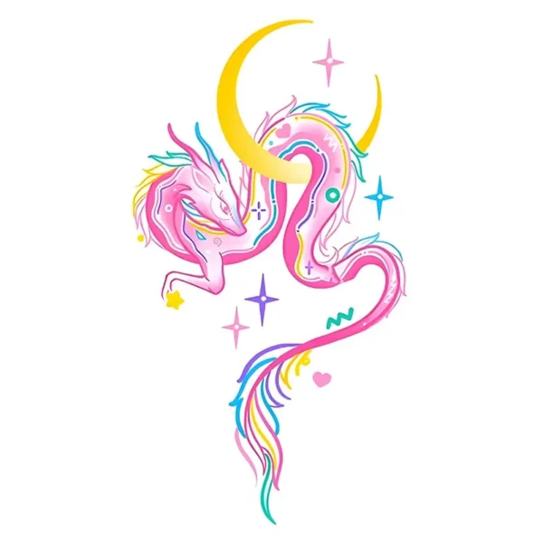 Cute Kids' Temporary Tattoos | Colorful Pink Dragon & Moon Waterproof Stickers