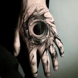 Touching the Black Hole herbal hand sticker cosmic design on hand