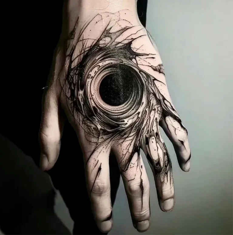Touching the Black Hole herbal hand sticker cosmic design on hand