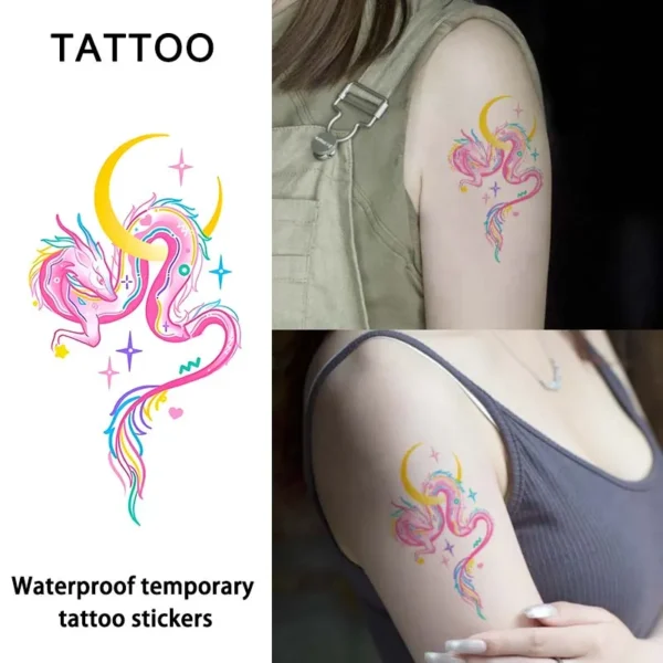 Cute Kids' Temporary Tattoos | Colorful Pink Dragon & Moon Waterproof Stickers