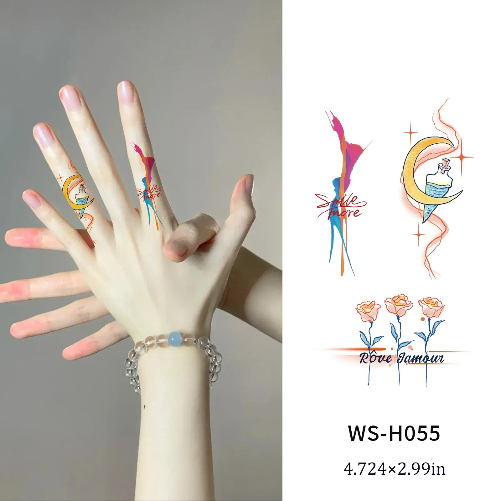 Whimsical Moon & Rose Finger Tattoo Sticker