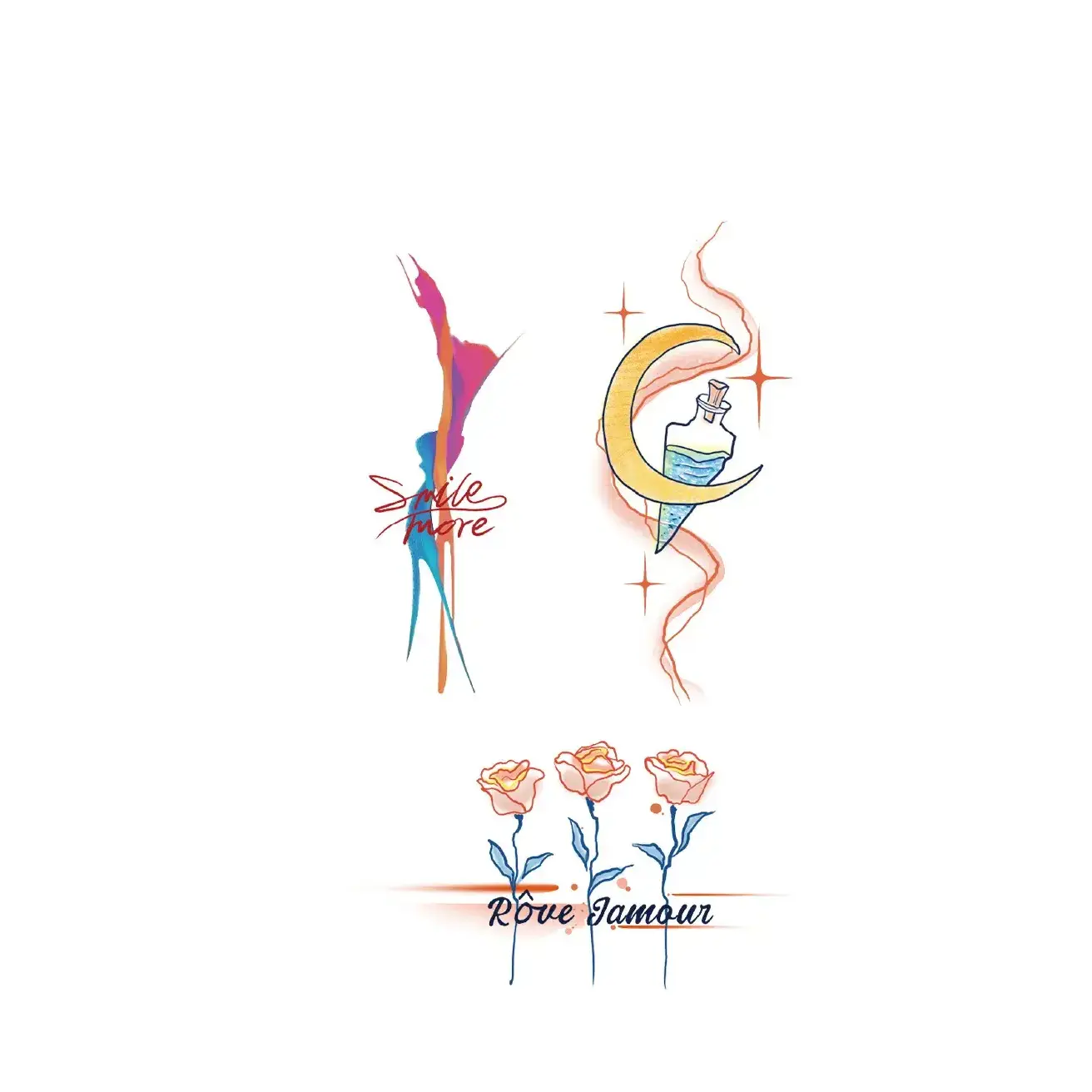 Whimsical Moon & Rose Finger Tattoo Sticker - Image 3