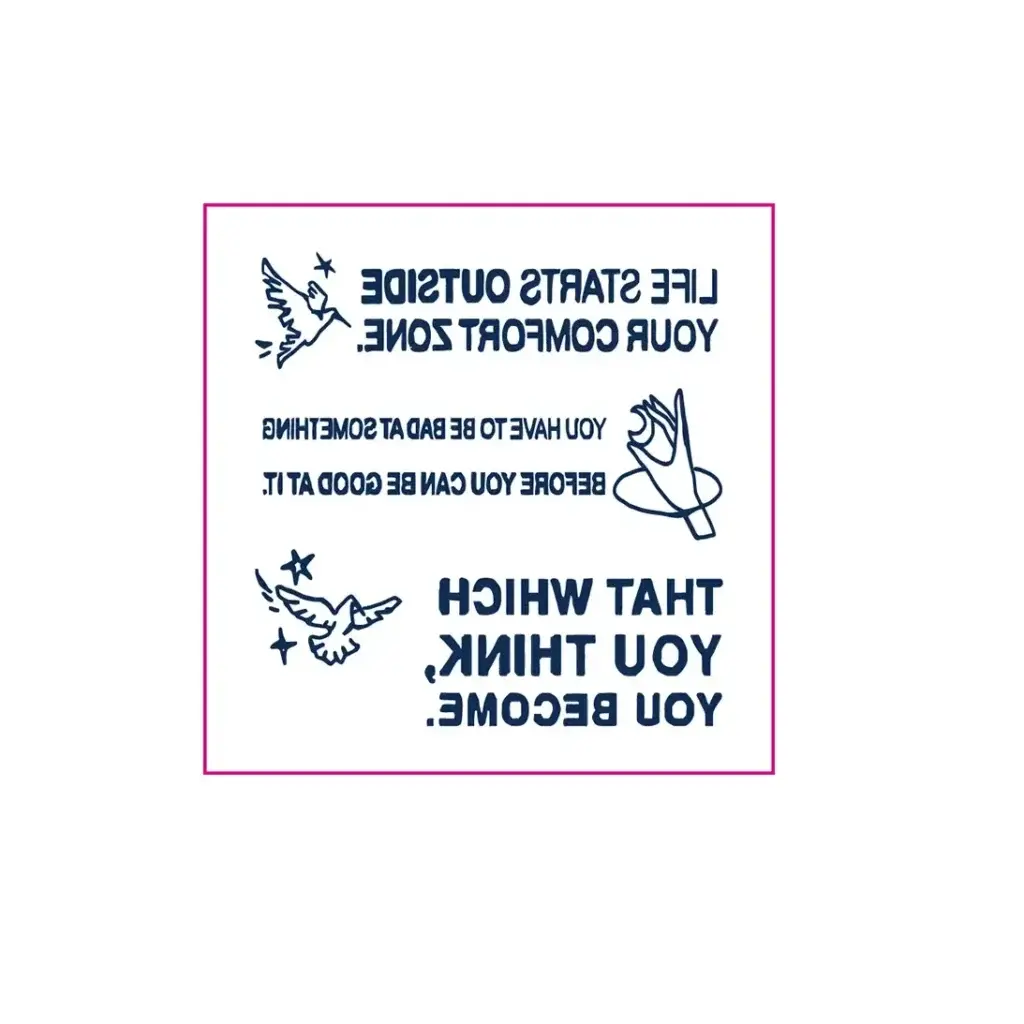 SKU_34_草本WS-G044.1-1024x1024 Try a bold pretend tattoo with a powerful message. Our herbal "Life Starts Outside Your Comfort Zone" design fades naturally in 7-14 days. Plant-based.