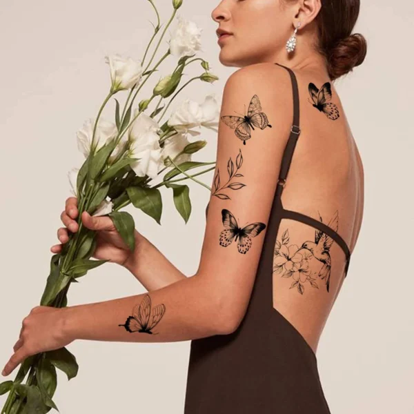 Monochrome Butterfly & Botanical Temporary Tattoo Pack