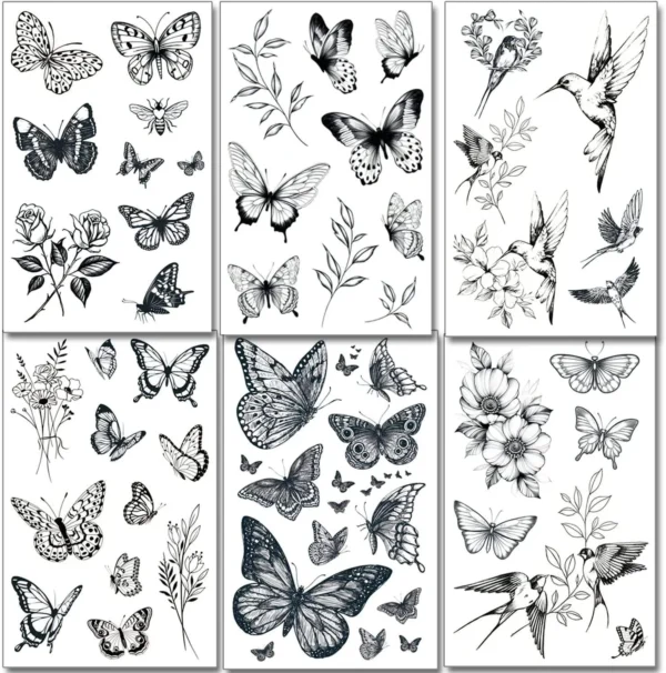 Monochrome Butterfly & Botanical Temporary Tattoo Pack