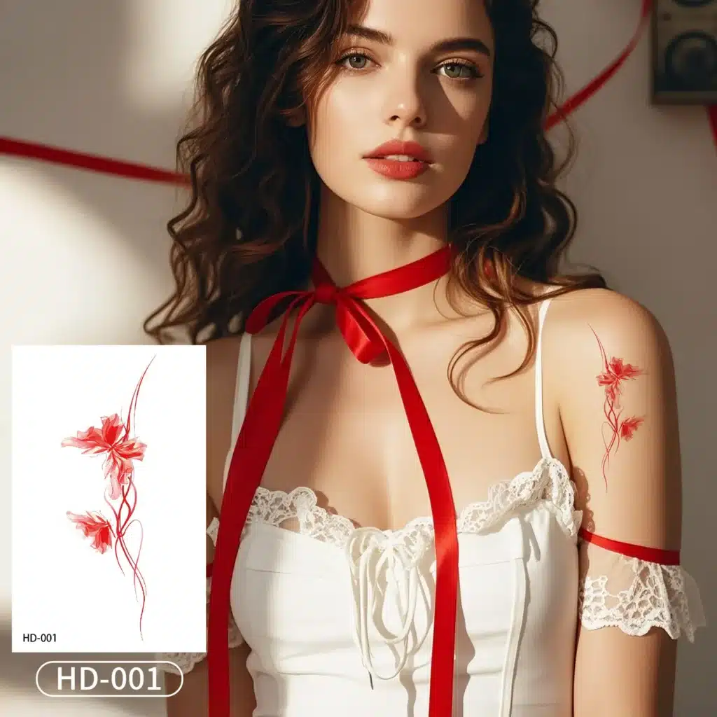 Embrace Elegance with This Red Floral Vine Waterproof Body Art