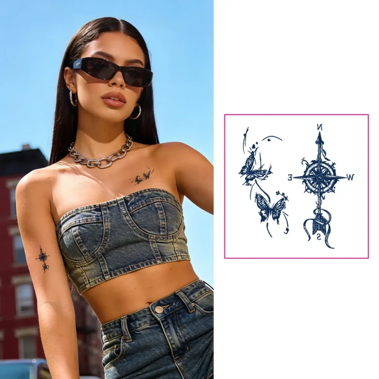 Semi Permanent Tattoo | Edgy Butterfly & Compass Line Art – Lasts 7-14 Days
