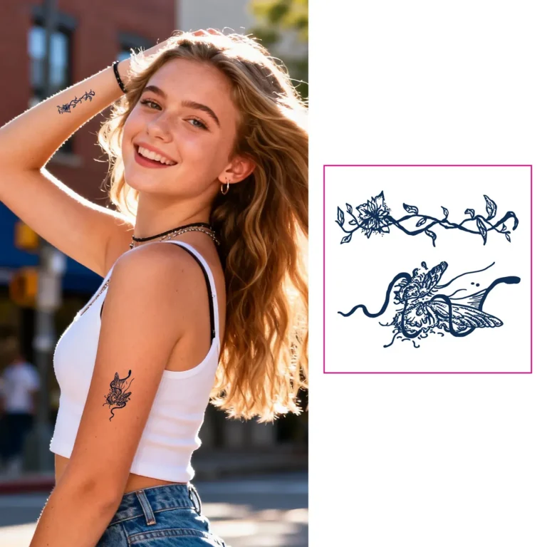 Discover gentle long lasting temporary tattoos. Our Ethereal Floral Vine & Butterfly herbal design is dreamy & plant-based. Naturally fades over 7-14 days.