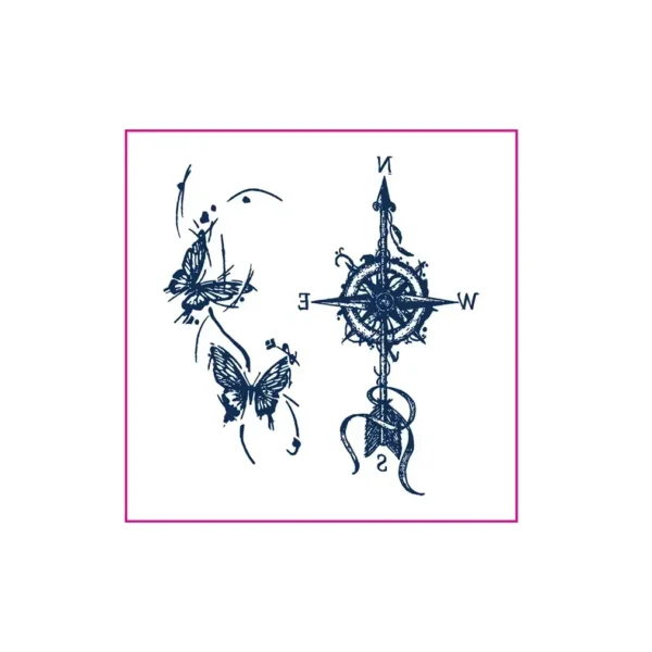Semi Permanent Tattoo | Edgy Butterfly & Compass Line Art – Lasts 7-14 Days