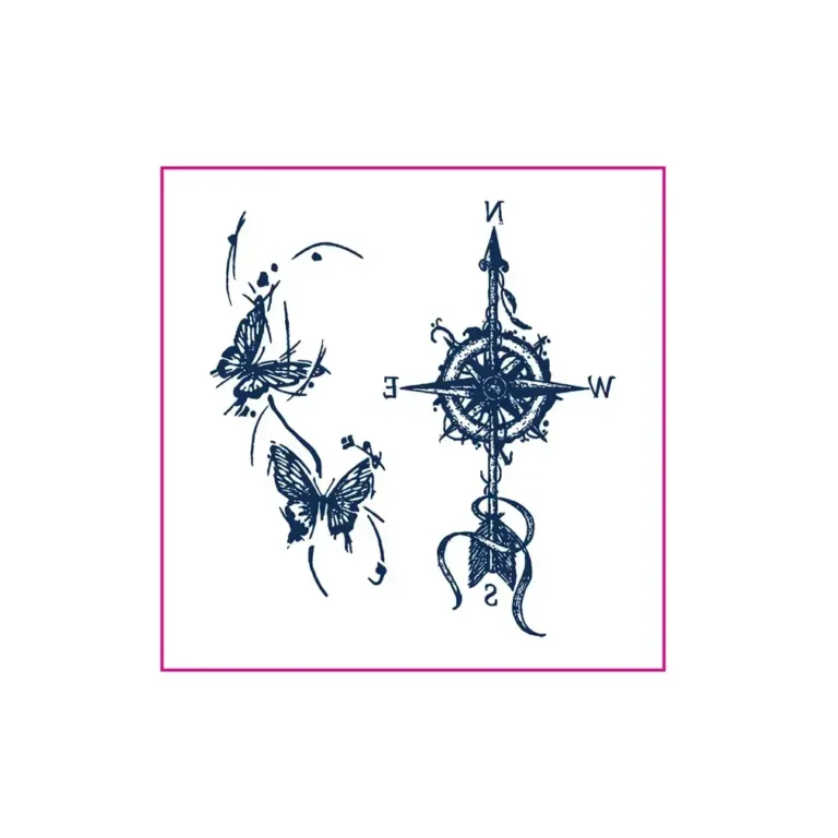 Semi Permanent Tattoo | Edgy Butterfly & Compass Line Art – Lasts 7-14 Days