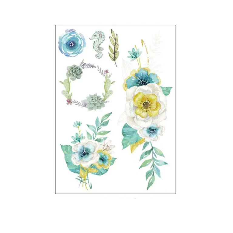 Watercolor Floral Tattoo | Floral & Seahorse Sheet – Ocean Fantasy, Lasts 3 Days