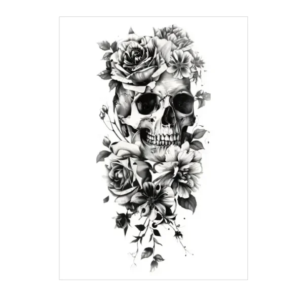 Skull & Floral Bouquet – All Black Tattoo | Lasts 3 Days