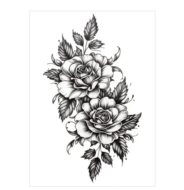 Share the beauty of paired roses with non permanent tattoos. Our Monochrome Rose Duo is elegantly balanced. Waterproof, lasts 3 days.