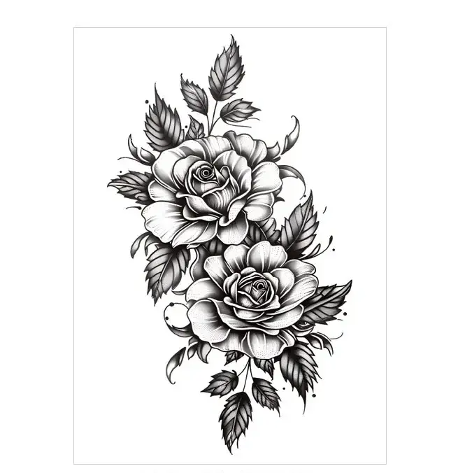 Share the beauty of paired roses with non permanent tattoos. Our Monochrome Rose Duo is elegantly balanced. Waterproof, lasts 3 days.