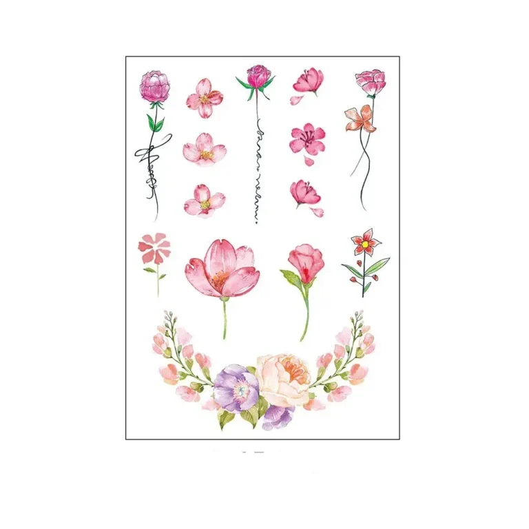 Adorn your skin with a beautiful watercolor floral tattoo. Our Pink Floral Sheet features soft, blended blooms in a dreamy design. Waterproof, lasts 3 days.