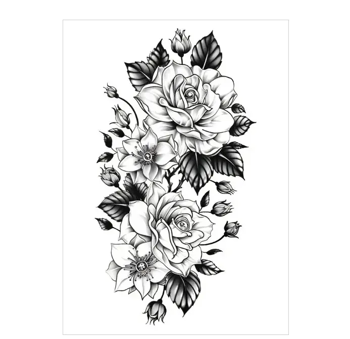 582 Surround yourself with classic roses using this monochrome rose cluster rub on tattoo. Safe, elegant, lasts 3 days. Free shipping $38+.
