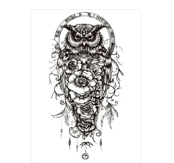 Discover an owl & floral clockwork realistic tattoo. Safe, intricate, and waterproof for 3 days. Free shipping $38+.