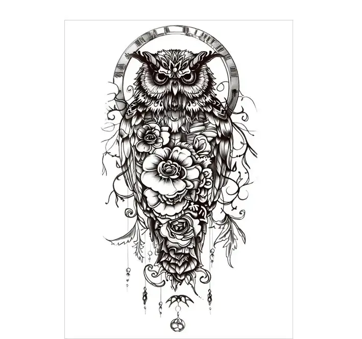 Discover an owl & floral clockwork realistic tattoo. Safe, intricate, and waterproof for 3 days. Free shipping $38+.