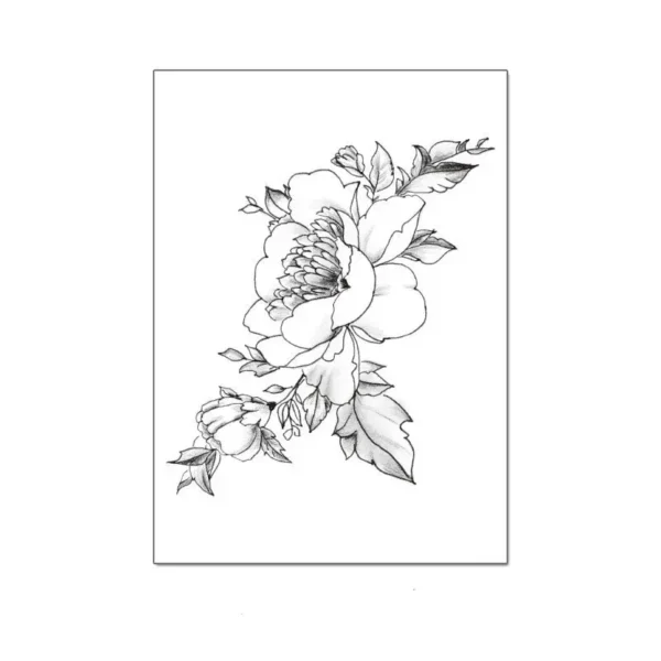 Feminine Tattoo Sticker | Monochrome Peony Branch – Elegant Line Art, Lasts 3 Days