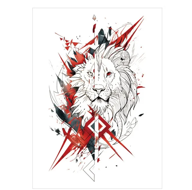 Design My Tattoo | Red & White Geometric Lion – Bold Color, Lasts 3 Days