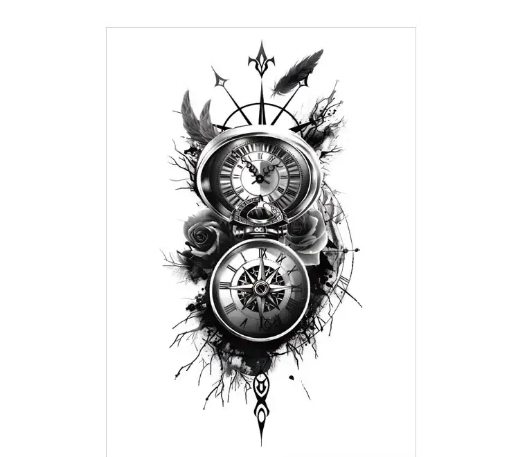 Celebrate life's journey with a pocket watch & compass rub on tattoo. Safe, meaningful, waterproof for 3 days. Free shipping $38+.
