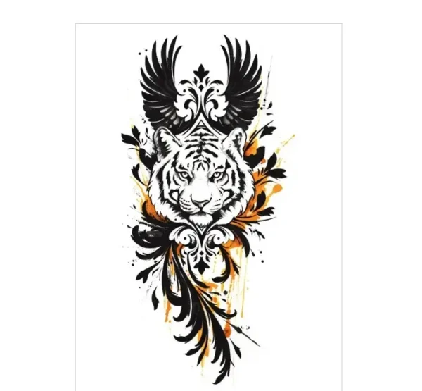 Get a stunning tiger & ornate wing rub on tattoo. Safe, detailed, waterproof for 3 days. Free shipping $38+.