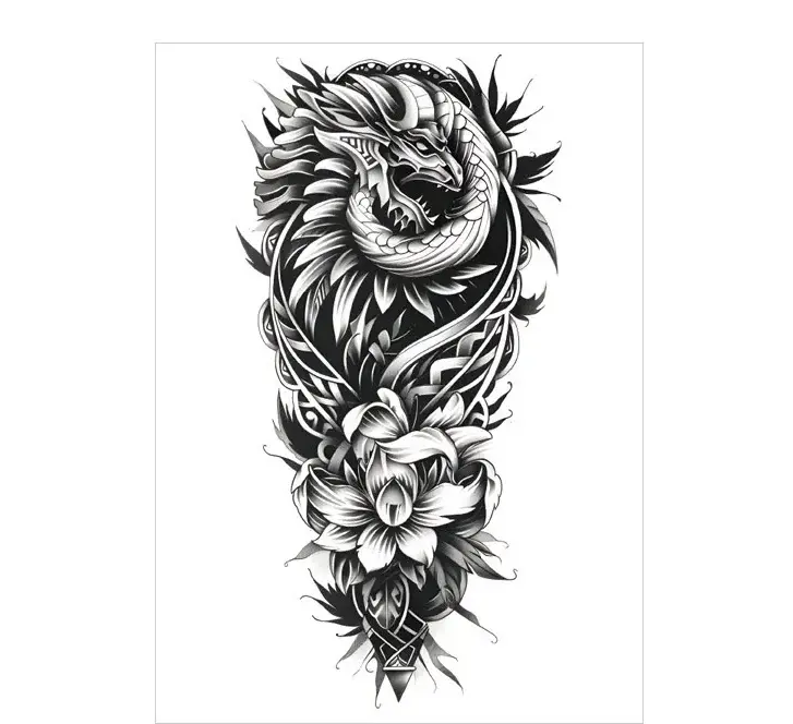 Combine power and beauty with a dragon & floral arm tattoo. Safe, intricate, waterproof for 3 days. Free shipping $38+.