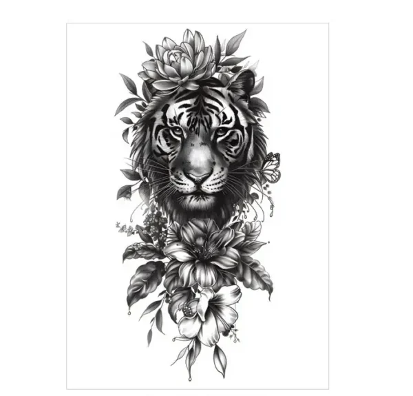 Combine strength with beauty in this stickers tattoo style. Our Monochrome Tiger & Floral is powerfully elegant. Waterproof, lasts 3 days.