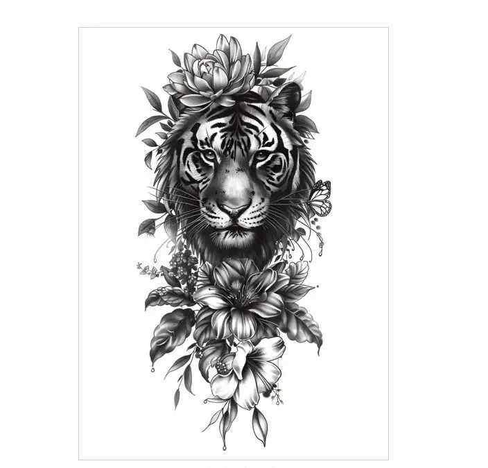 Combine strength with beauty in this stickers tattoo style. Our Monochrome Tiger & Floral is powerfully elegant. Waterproof, lasts 3 days.