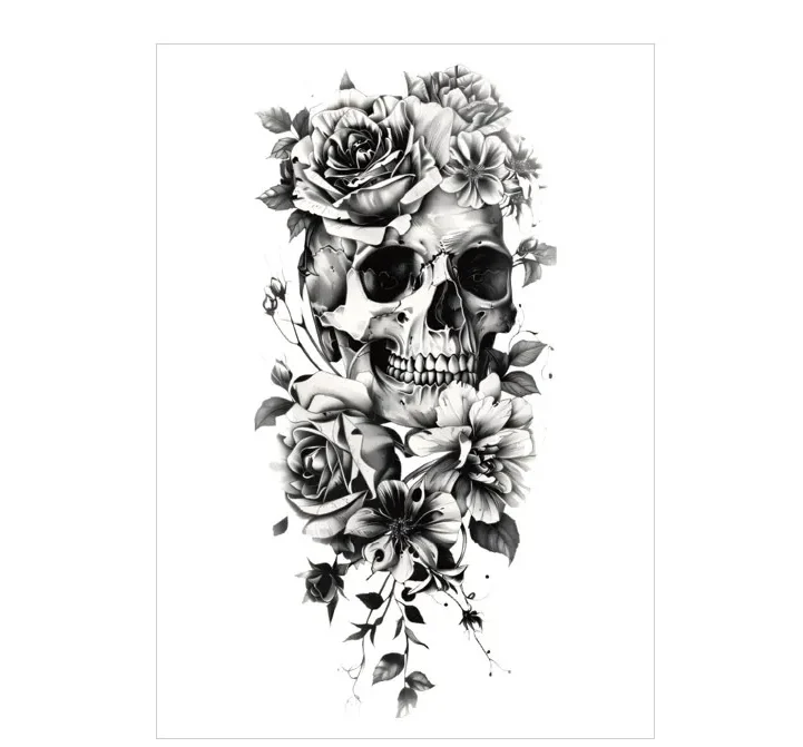 Skull & Floral Bouquet – All Black Tattoo | Lasts 3 Days