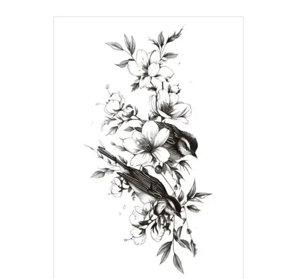Capture nature's harmony with birds & floral branch arm tattoo. Safe, detailed, waterproof for 3 days. Free shipping $38+.