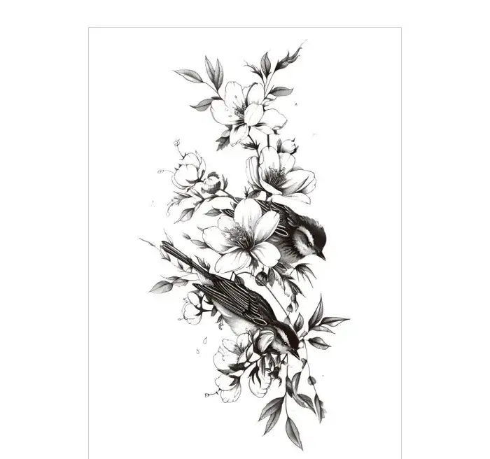 Capture nature's harmony with birds & floral branch arm tattoo. Safe, detailed, waterproof for 3 days. Free shipping $38+.