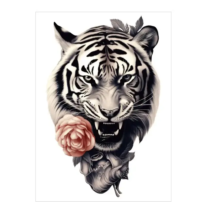 Combine power and passion with a tiger & red rose realistic tattoo. Safe, vibrant, waterproof for 3 days. Free shipping $38+.