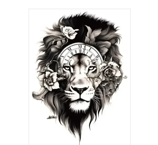Merge nature and machine with clockwork lion & roses realistic tattoo stickers. Safe, detailed, lasts 3 days. Free shipping $38+.