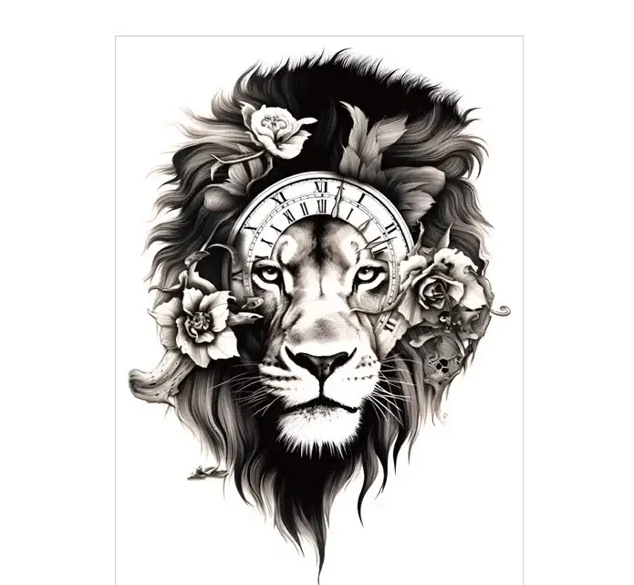 Merge nature and machine with clockwork lion & roses realistic tattoo stickers. Safe, detailed, lasts 3 days. Free shipping $38+.