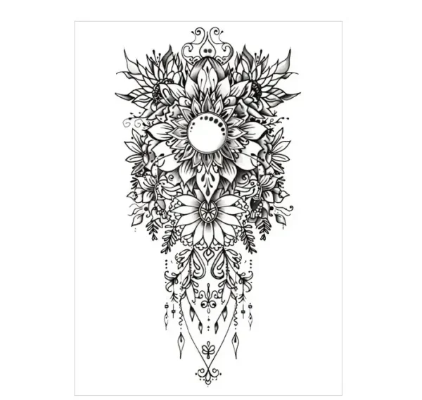 Radiate joy with non permanent tattoos. Our Ornate Sunflower Mandala combines sunflowers with sacred geometry. Waterproof, lasts 3 days.
