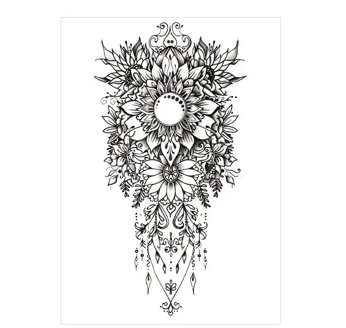 Radiate joy with non permanent tattoos. Our Ornate Sunflower Mandala combines sunflowers with sacred geometry. Waterproof, lasts 3 days.