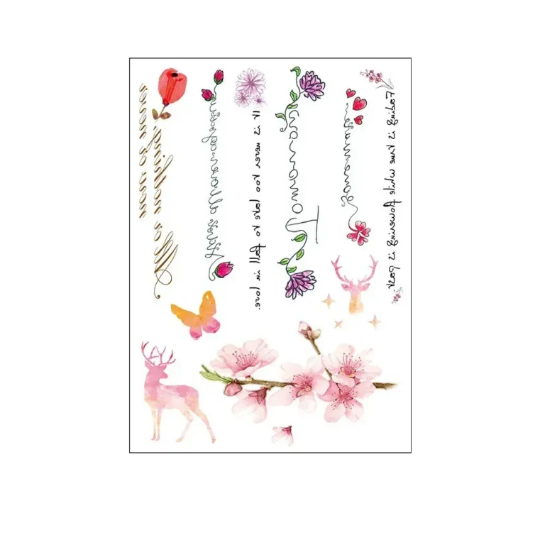 Watercolor Floral Tattoo | Cherry Blossom & Deer Sheet – Serene Nature, Lasts 3 Days
