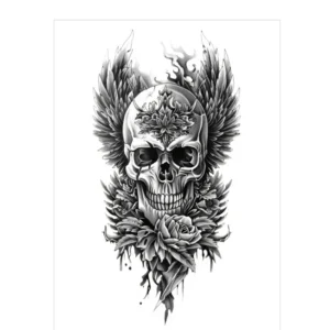 Winged Skull & Floral – All Black Tattoo | Lasts 3 Days