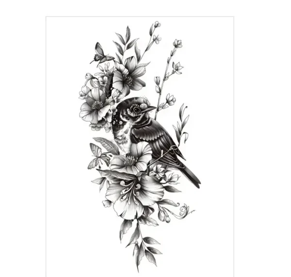 Celebrate freedom and beauty with a bird & floral realistic tattoo. Safe, detailed, waterproof for 3 days. Free shipping $38+.