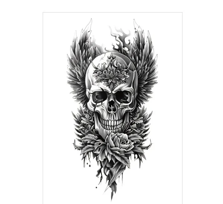 Winged Skull & Floral – All Black Tattoo | Lasts 3 Days