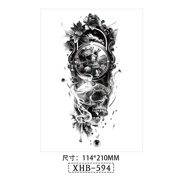 Clock & Skull – All Black Tattoo | Lasts 3 Days
