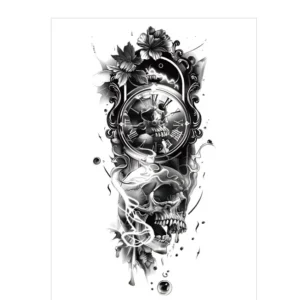 Clock & Skull – All Black Tattoo | Lasts 3 Days