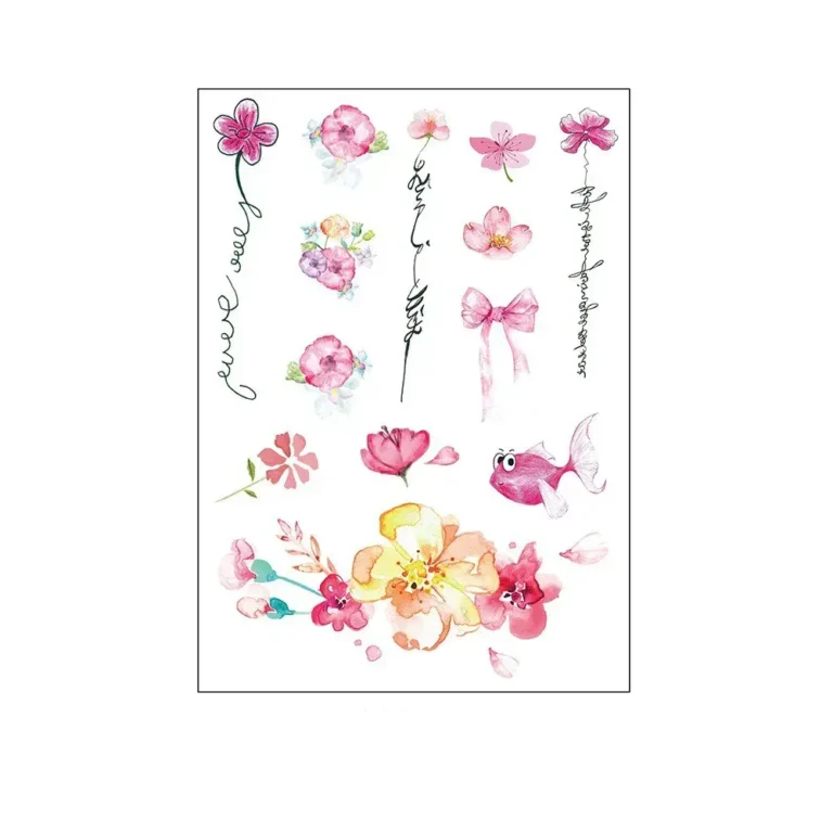 Watercolor Floral Tattoo | Pink Floral & Fish Sheet – Underwater Garden, Lasts 3 Days
