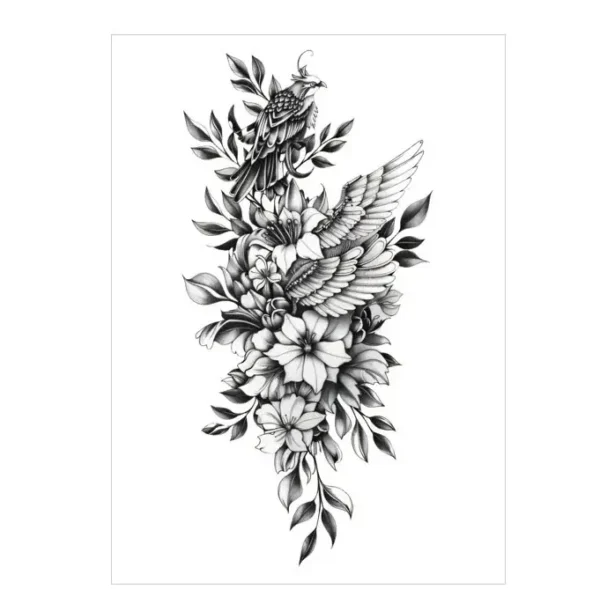 Celebrate freedom with a bird & wing floral arm tattoo. Safe, graceful, waterproof for 3 days. Free shipping $38+.