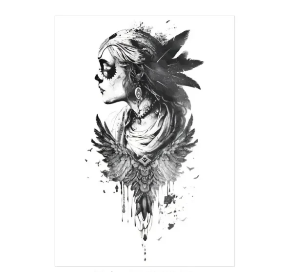 Honor the Day of the Dead with a sugar skull warrior woman realistic tattoo. Safe, detailed, lasts 3 days. Free shipping $38+.