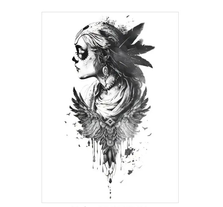 Honor the Day of the Dead with a sugar skull warrior woman realistic tattoo. Safe, detailed, lasts 3 days. Free shipping $38+.