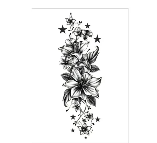 Add celestial beauty with a lily & star all black tattoo. Safe, delicate, waterproof for 3 days. Free shipping $38+.