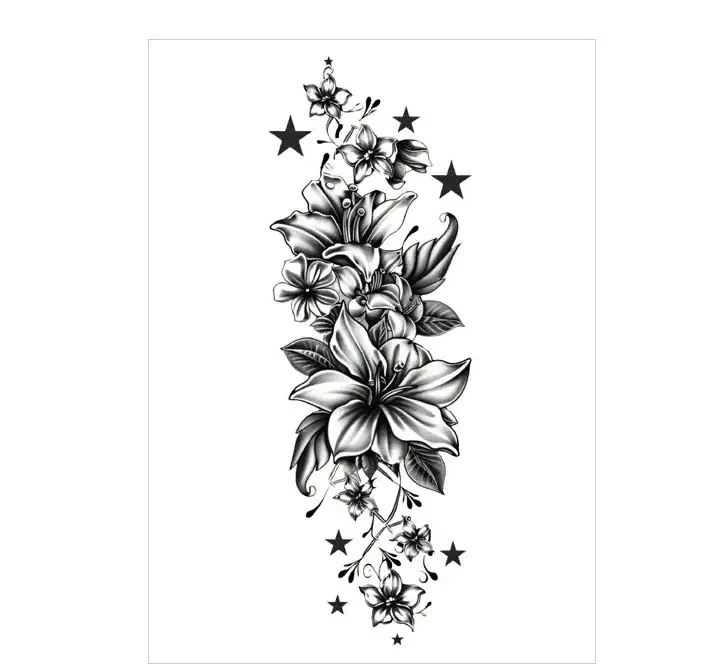 Add celestial beauty with a lily & star all black tattoo. Safe, delicate, waterproof for 3 days. Free shipping $38+.