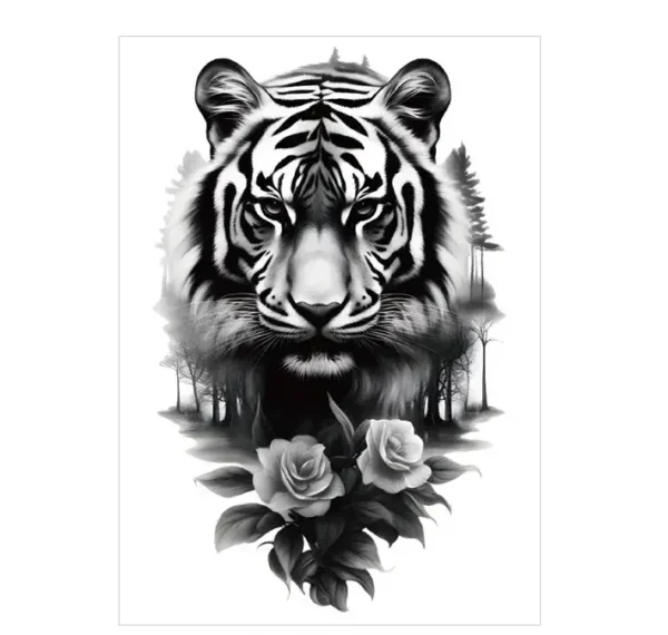 Combine fierceness with beauty in this stickers tattoo style. Our Monochrome Tiger & Rose is powerfully elegant. Waterproof, lasts 3 days.